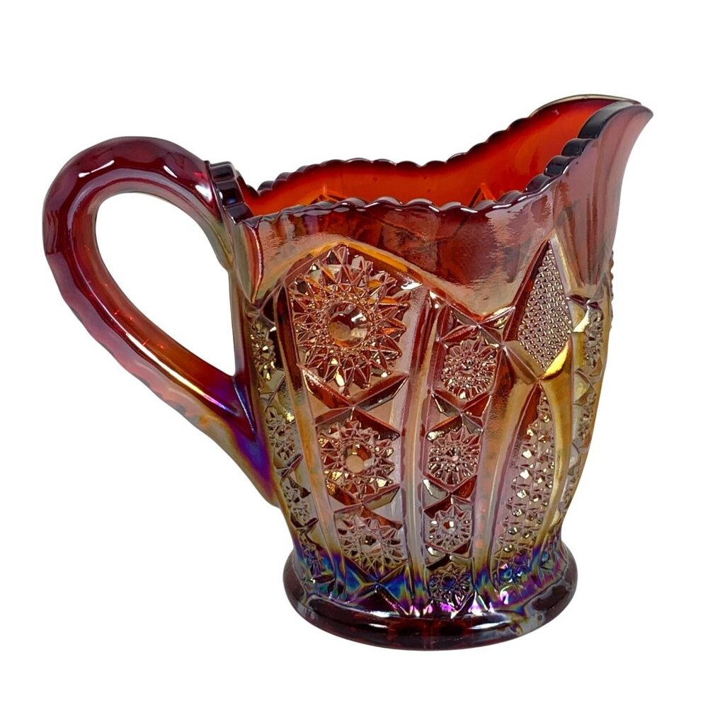 Red Iridescent Carnival Glass Creamer Daisy & Button Pattern Scalloped Rim VTG